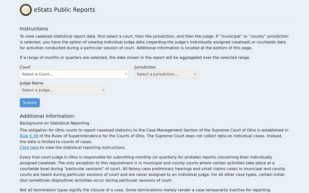 Seneca County court docket eStats public reports source
