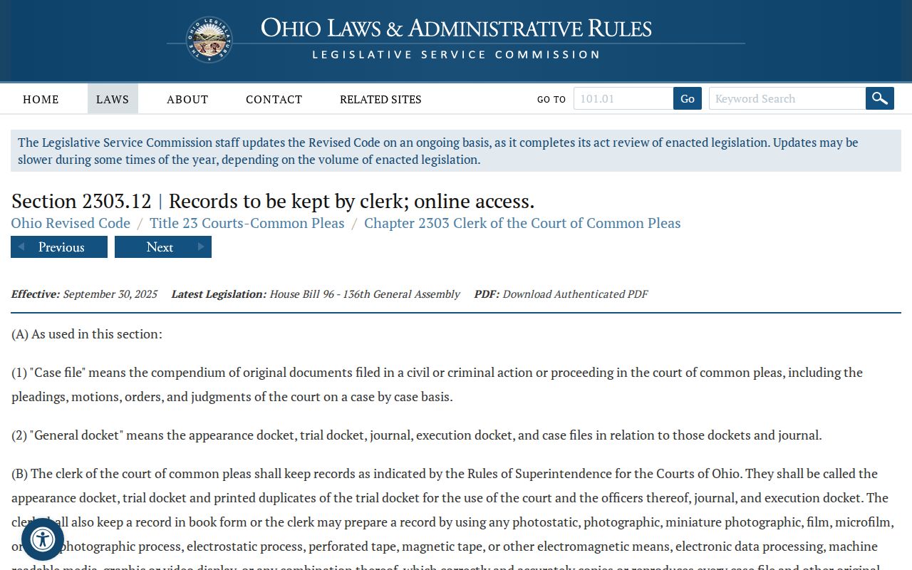 Seneca County court docket recordkeeping statute source