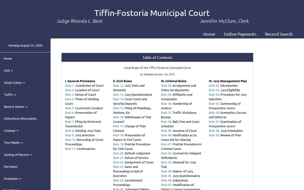 Tiffin-Fostoria Municipal Court local rules table of contents with civil rules