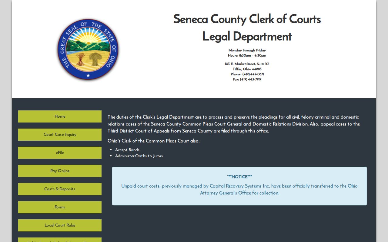 Seneca County Clerk of Courts Legal Department page with Common Pleas records information
