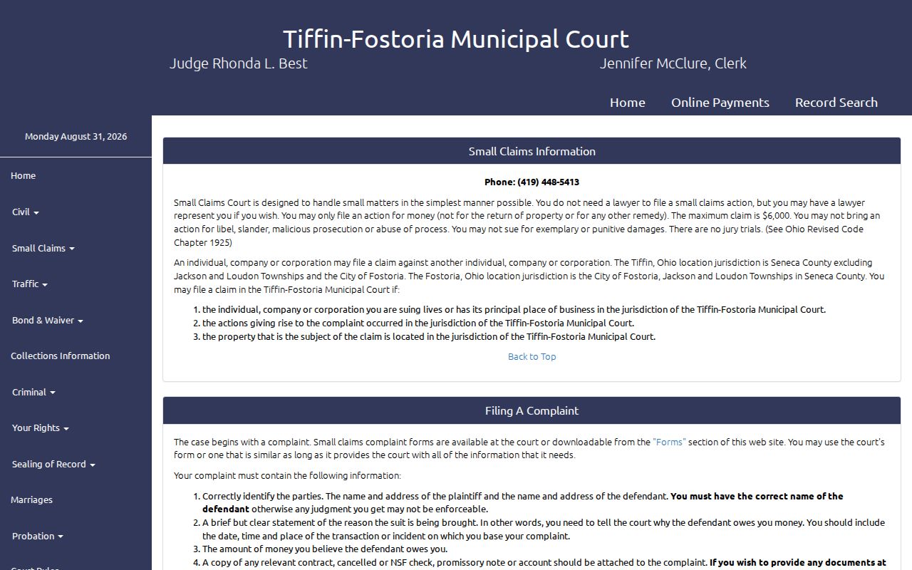 Tiffin-Fostoria Municipal Court Small Claims Information page