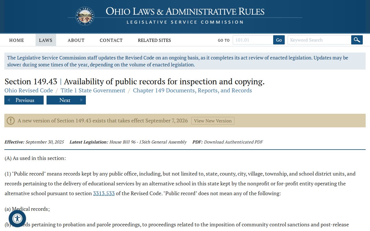 Ohio Revised Code Section 149.43 public-record availability page