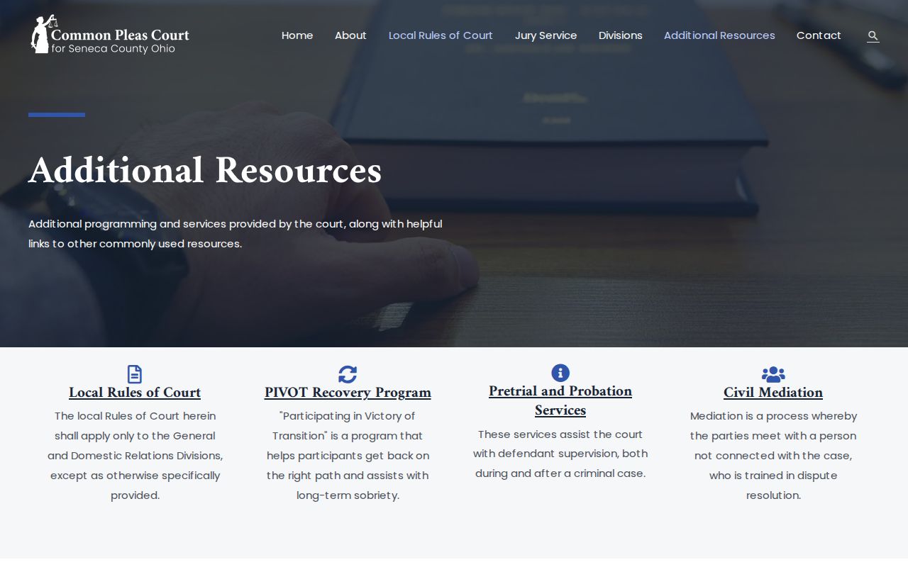 Seneca County Common Pleas Court additional resources page listing PIVOT Recovery Program
