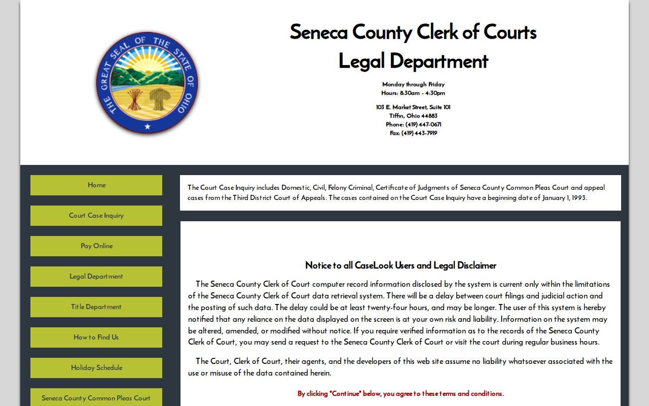 Seneca County Clerk Court Case Inquiry notice for Common Pleas Calendar Search