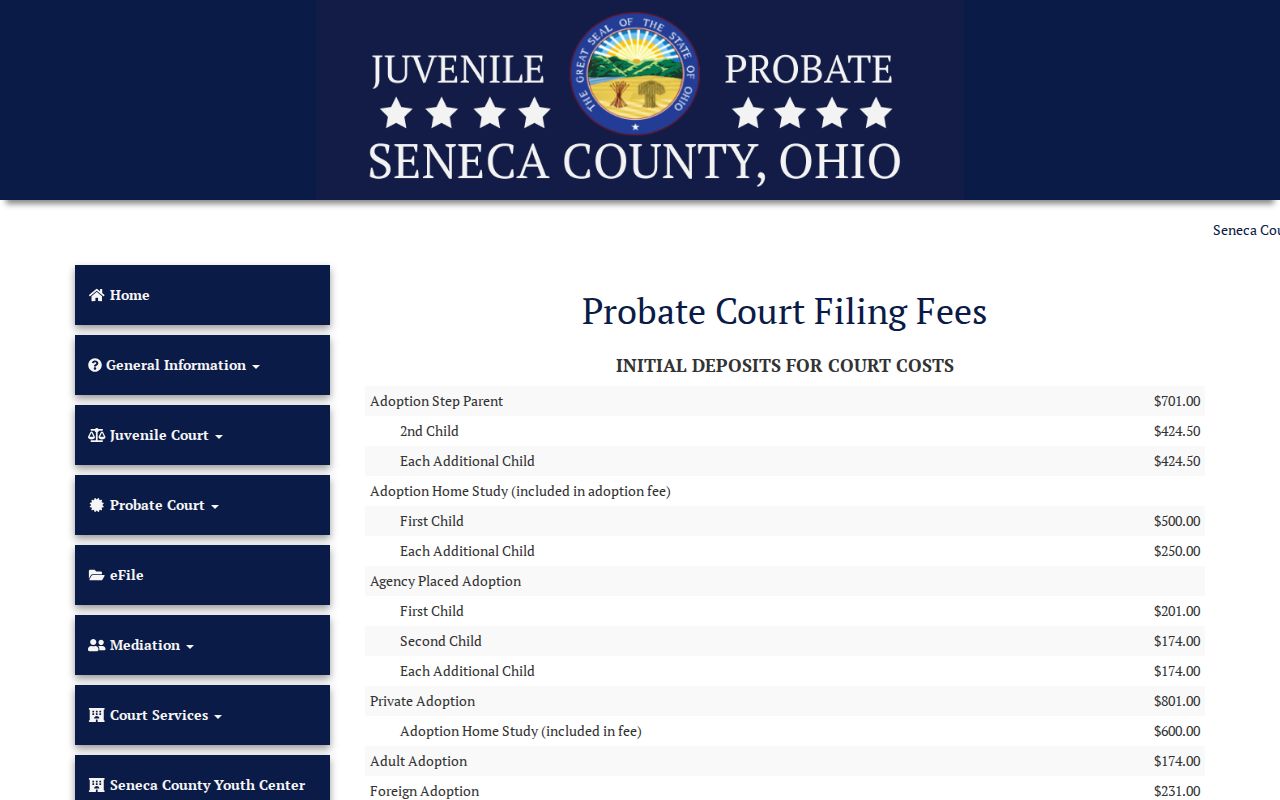 Seneca County Probate Court costs and certification charge information