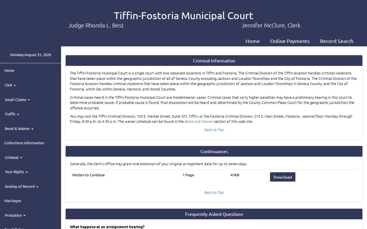 Seneca County criminal docket Tiffin-Fostoria Municipal Court criminal division page