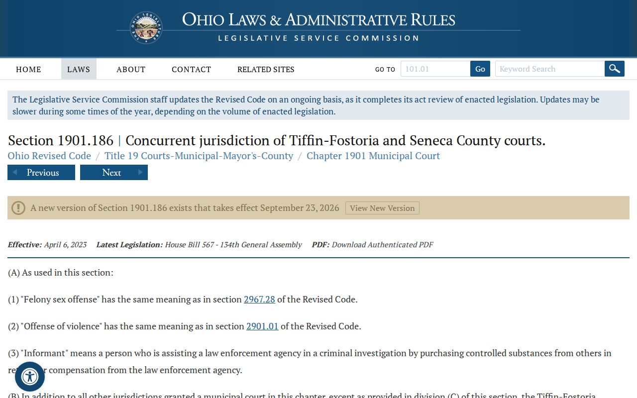 Seneca County criminal docket PIVOT-related concurrent-jurisdiction statute