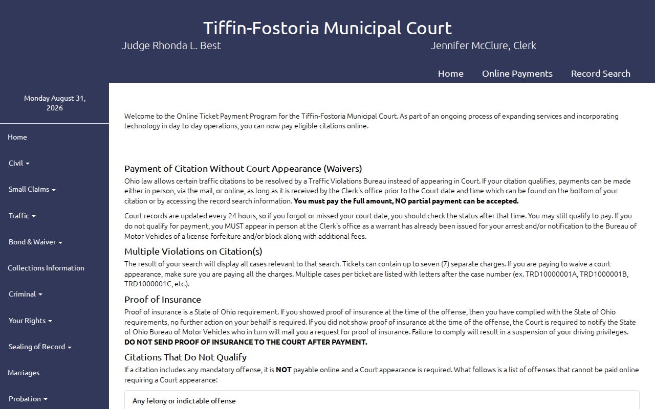 Tiffin-Fostoria Municipal Court eligible traffic ticket payment portal