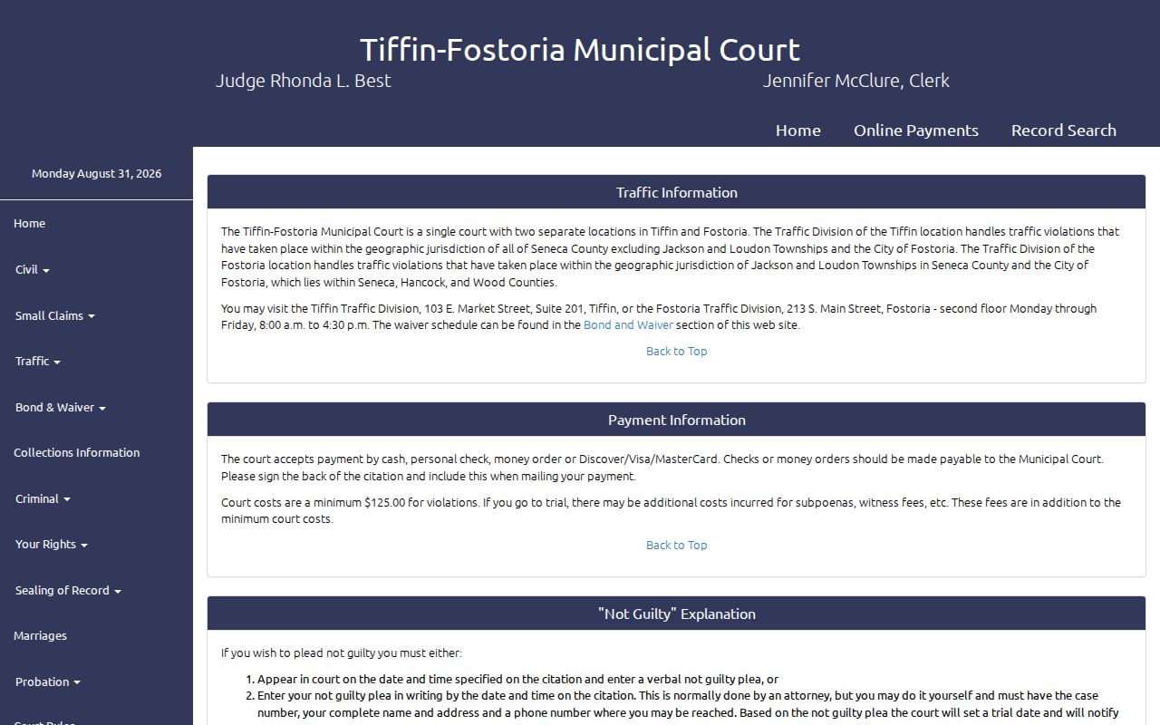 Tiffin-Fostoria Municipal Court traffic venue and continuance information