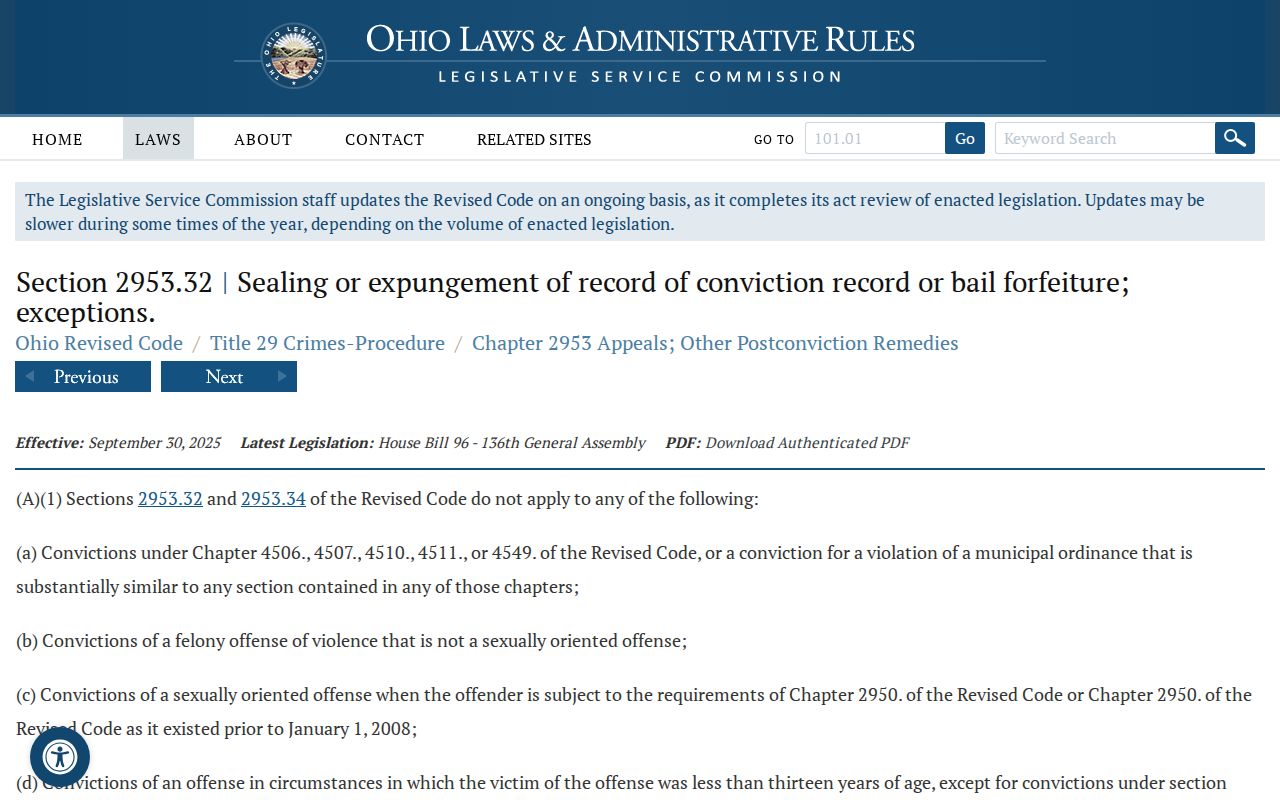 Ohio sealing and expungement statute for court record access