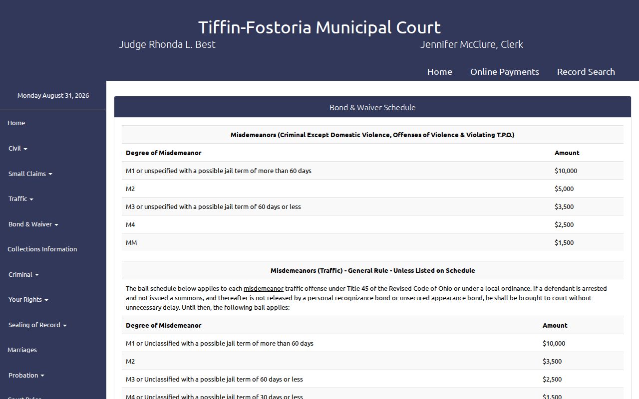 Tiffin-Fostoria Municipal Court bond and traffic waiver schedule