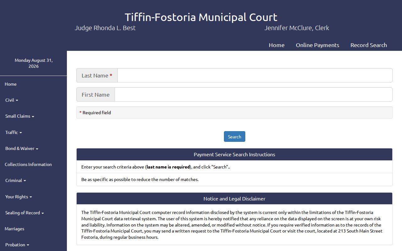 Tiffin-Fostoria Municipal Court eligible-ticket payment name search