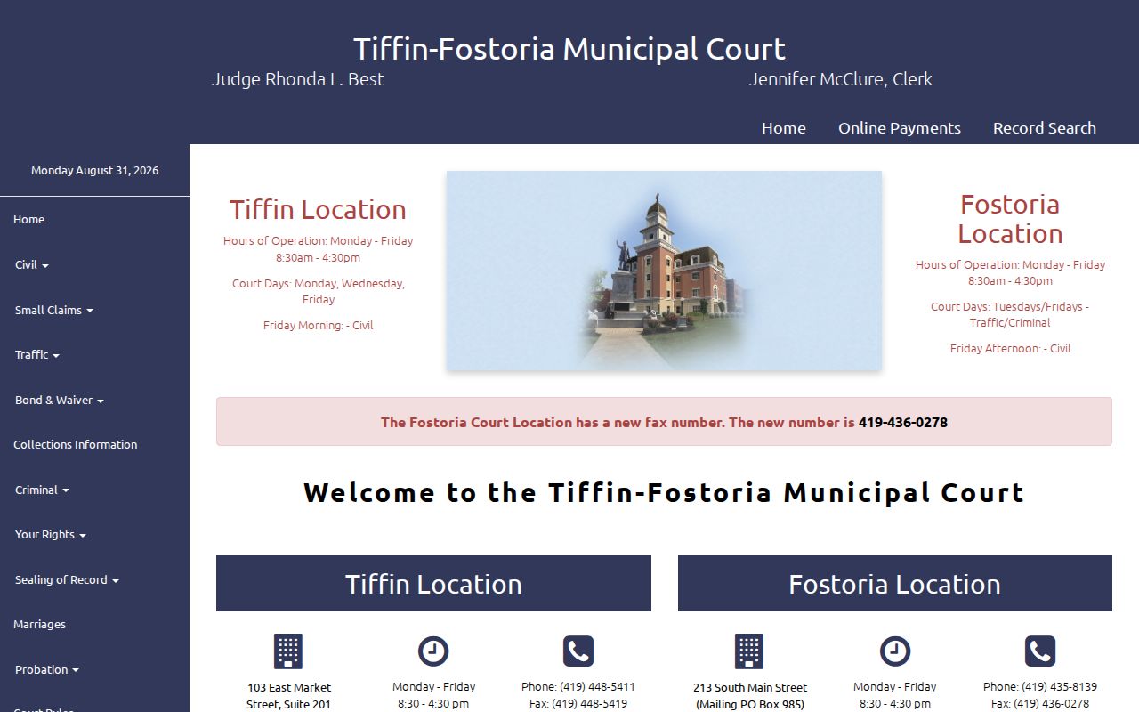 Tiffin court docket Municipal Court locations and court days